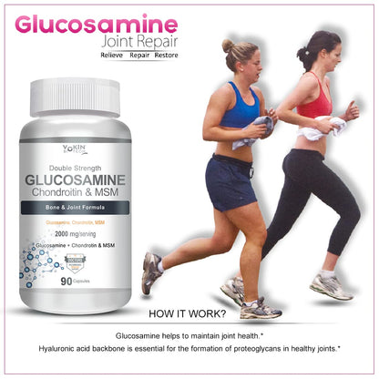 Glucosamine supplement bottle with two women running and text about joint repair.