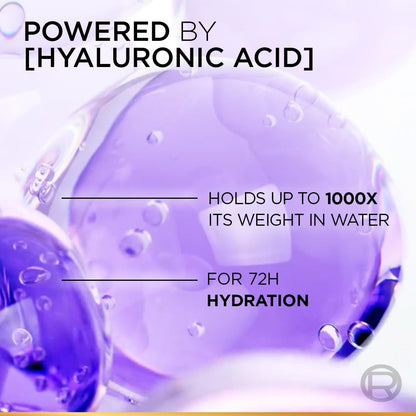 Purple gel-like substance with text about hyaluronic acid hydration on a light purple background