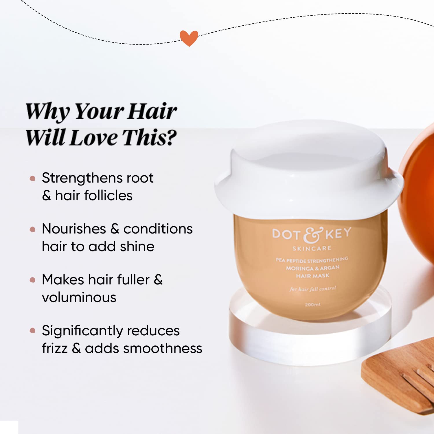 Zephivo DOT & KEY Pea Peptide Strengthening Moringa & Argan Hair Mask | Hair Mask For Hair Fall Control | Hair Mask For Dry And Frizzy Hair | For Smoothening Hair | For Women & Men, 200 Millilitre
