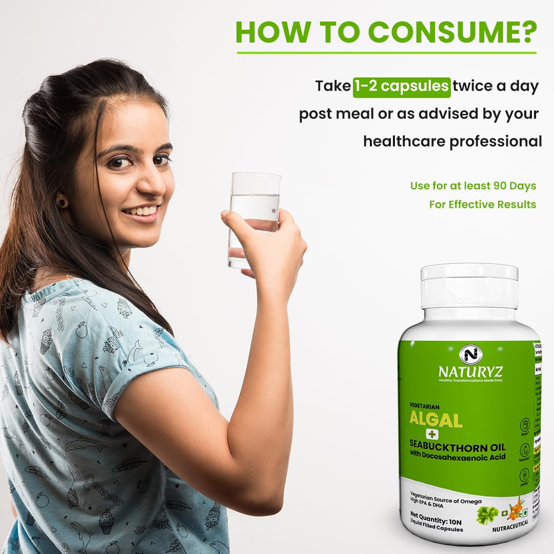 Naturyz Vegetarian Omega 3 Algae + Sea buckthorn Oil Capsules 1120mg | Highest Strength DHA 400mg | Gelatin Free, No Burps, No Fish Oil | Supports Healthy Heart, Skin, Brain & Gut | Plant source for Men & Women | 10 Liquid fill Capsules