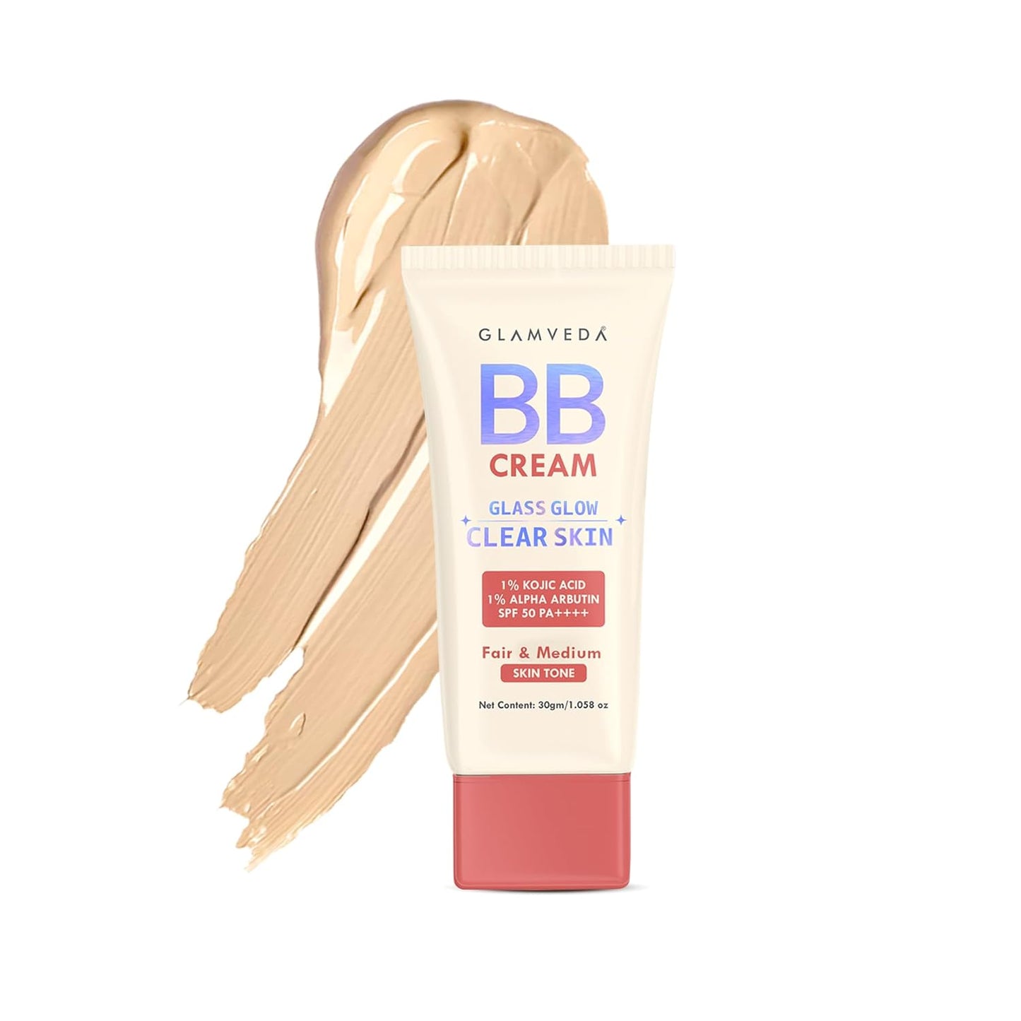 Glamveda BB Cream Lightweight Foundation | Fair & Medium Skin Tone BB Cream for Women With SPF 50++++ | Instant Spot Coverage | Light Make-up Glow | Non-Sticky & Waterproof | Colour Correction - 30g