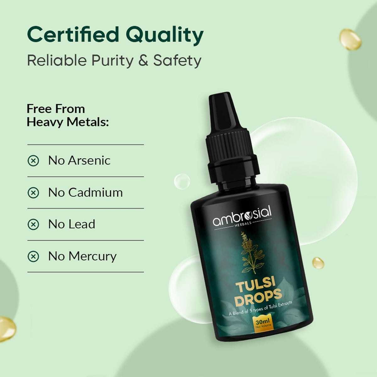 Ambrosial Tulsi Drops bottle with certification text on a green background