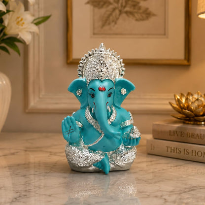 Gold Art India 999 Silver Plated Ganesh Idol for Car Dashboard God Ganesha Idol for Home Decor Ganpati for Gift 3.5 inches (Silver) (Silver Fountain Blue)