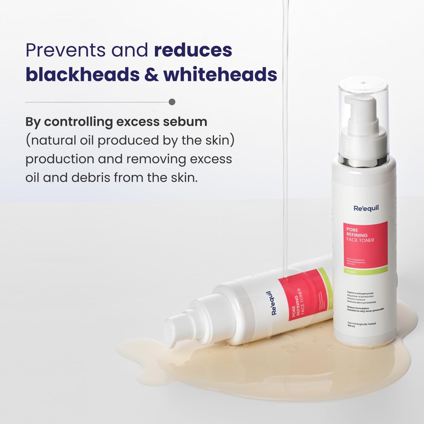 Two skincare products with text explaining their benefits on a light background