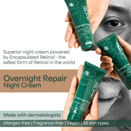 Overnight Repair Night Cream | 0.1% Retinol | Repairs Wrinkles & Fine Lines | Fades Marks & Dark Spots | Safest Form Of Retinol, NanoWhite, Kojic Acid, Collagen Peptides | All Skin Types | Formulated With Dermatologists | 50g