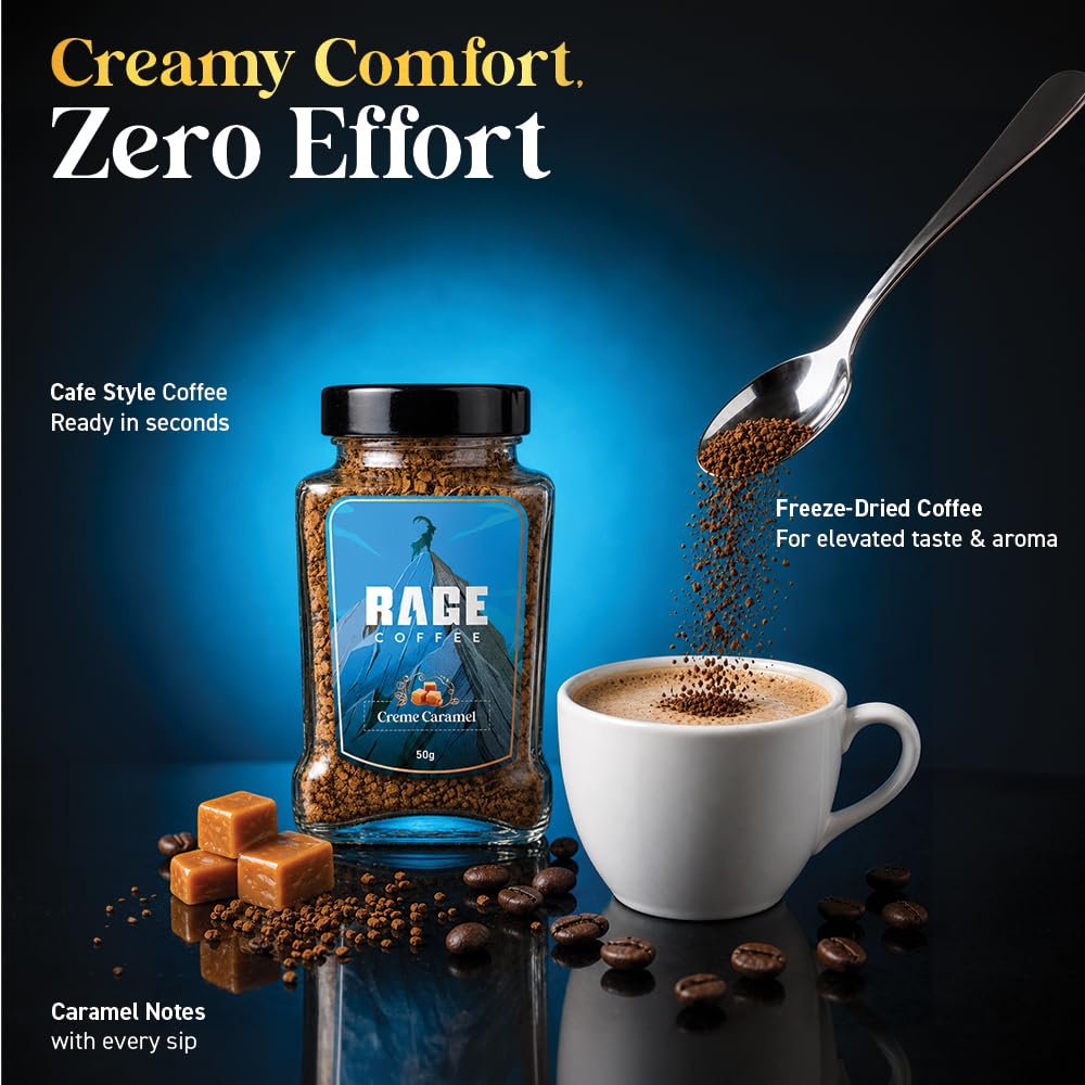 RAGE COFFEE Creme Caramel - Flavored Instant Coffee Powder for both Hot & Cold Coffee, 100% Single Origin Arabica Coffee Beans Powder, Premium Coffee Infused with Plant Vitamins (CREME CARAMEL)