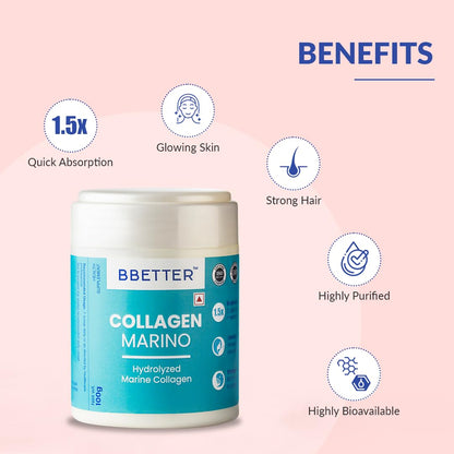 BBETTER Collagen Marino Powder For Women & Men- Pure Hydrolyzed Marine Collagen Supplements For Women & Men, Enhances Skin,Hair, Nails & Joints