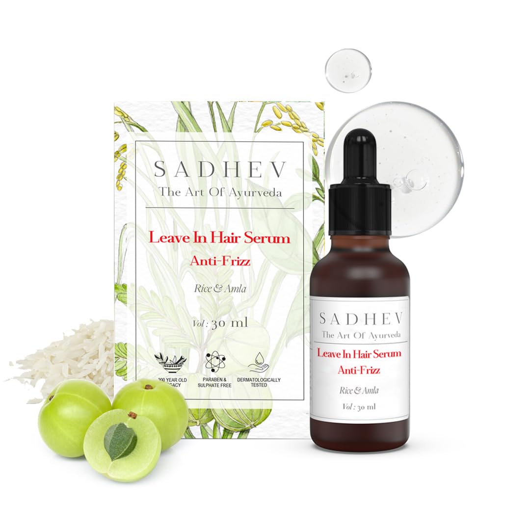 SADHEV Ayurvedic Anti-Frizz Leave-In Hair Serum | Frizz-Free, Smooth & Manageable Hair | Powered by Rice & Amla with Haritaki, Curry Leaf & Tulsi | For Dry & Frizzy Hair | Lightweight, Non-Sticky | For Men & Women | 30ml