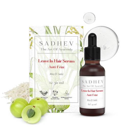 SADHEV Ayurvedic Anti-Frizz Leave-In Hair Serum | Frizz-Free, Smooth & Manageable Hair | Powered by Rice & Amla with Haritaki, Curry Leaf & Tulsi | For Dry & Frizzy Hair | Lightweight, Non-Sticky | For Men & Women | 30ml