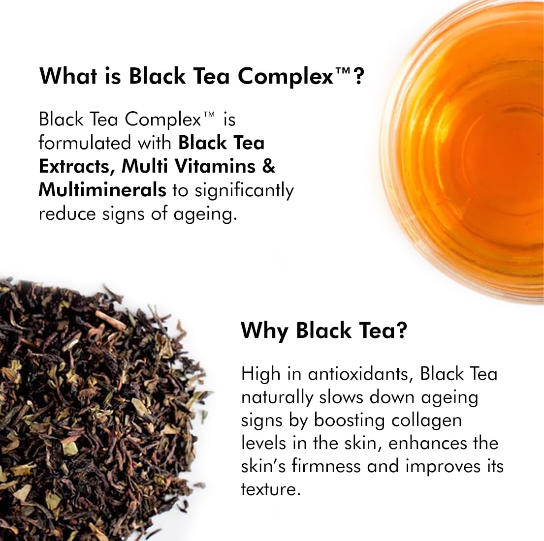 Black Tea Complex product description with tea leaves, brewed tea, and text on a white background