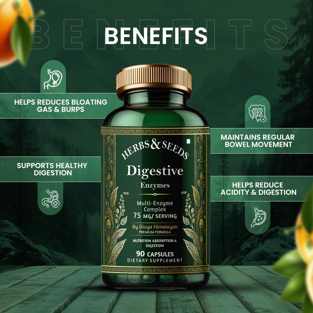 Herbs & Seeds Digestive Enzymes supplement bottle with benefits listed on a green background