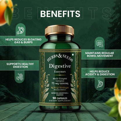 Herbs & Seeds Digestive Enzymes supplement bottle with benefits listed on a green background