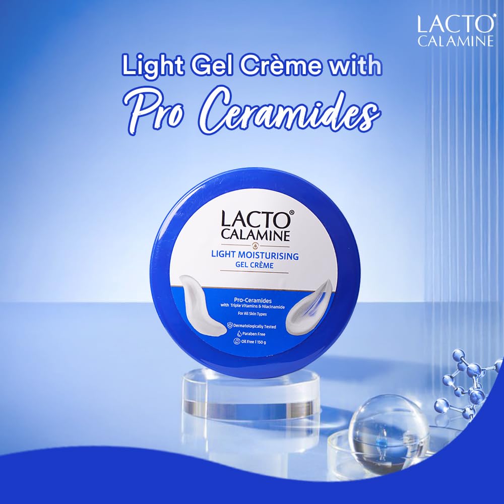 Lacto Calamine Light Moisturising Gel Creme container on a blue background