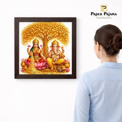 Laxmi Ganesha Gold Coin Golden Tree Money Magnet Vastu Prosperity Hindu Spiritual Mandir Religious Framed Poster Artwork Decor Painting