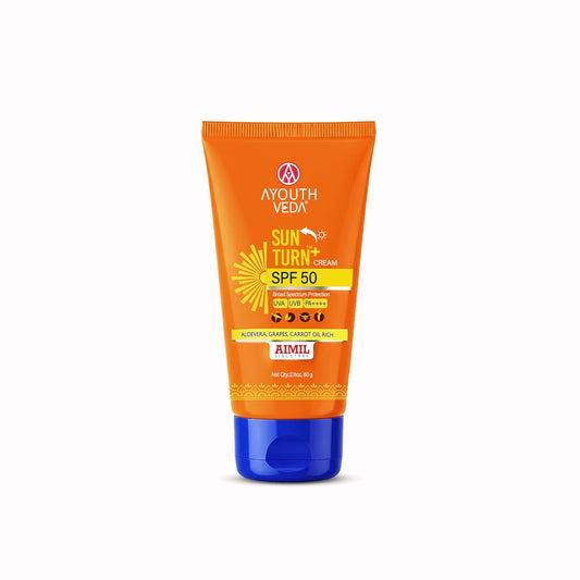 Ayouthveda Sun Turn + Cream SPF 50 With Micronized Zinc | PA++ | For UVA/UVB Sun Protection | Non-Greasy, Quick Absorbing | For All Skin Types | Enriched With Rosehip, Cranberry & Grape Seed Oil -60g