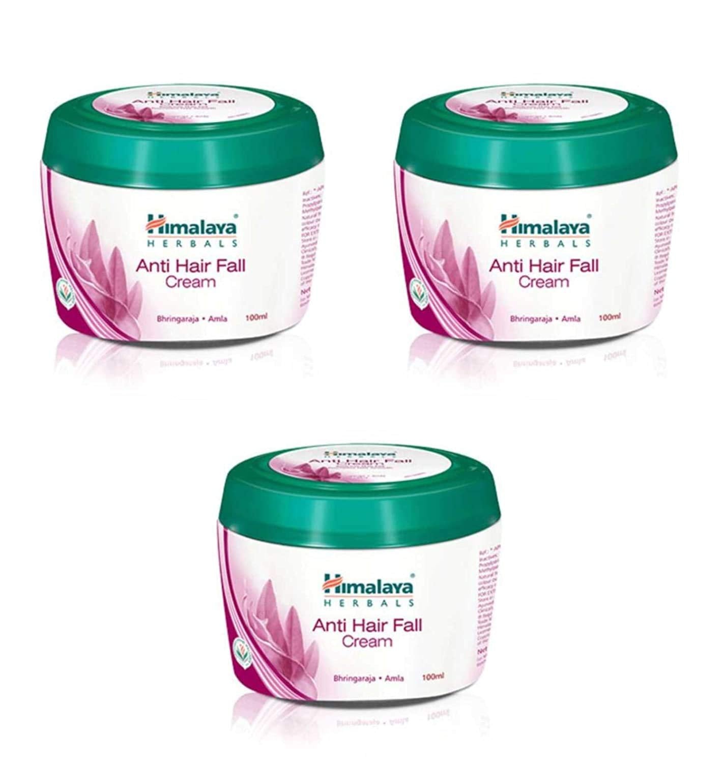 Three jars of Himalaya Anti Hair Fall Cream on a white background