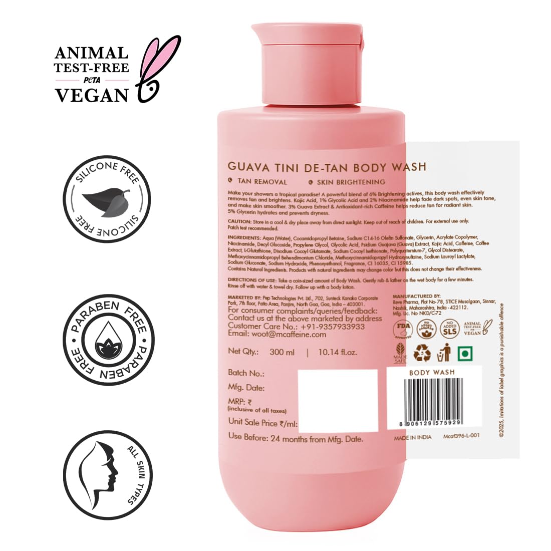Pink bottle of Guava Tini De-Tan Body Wash with labels indicating animal test-free, vegan, silicone-free, paraben-free, and all-natural.