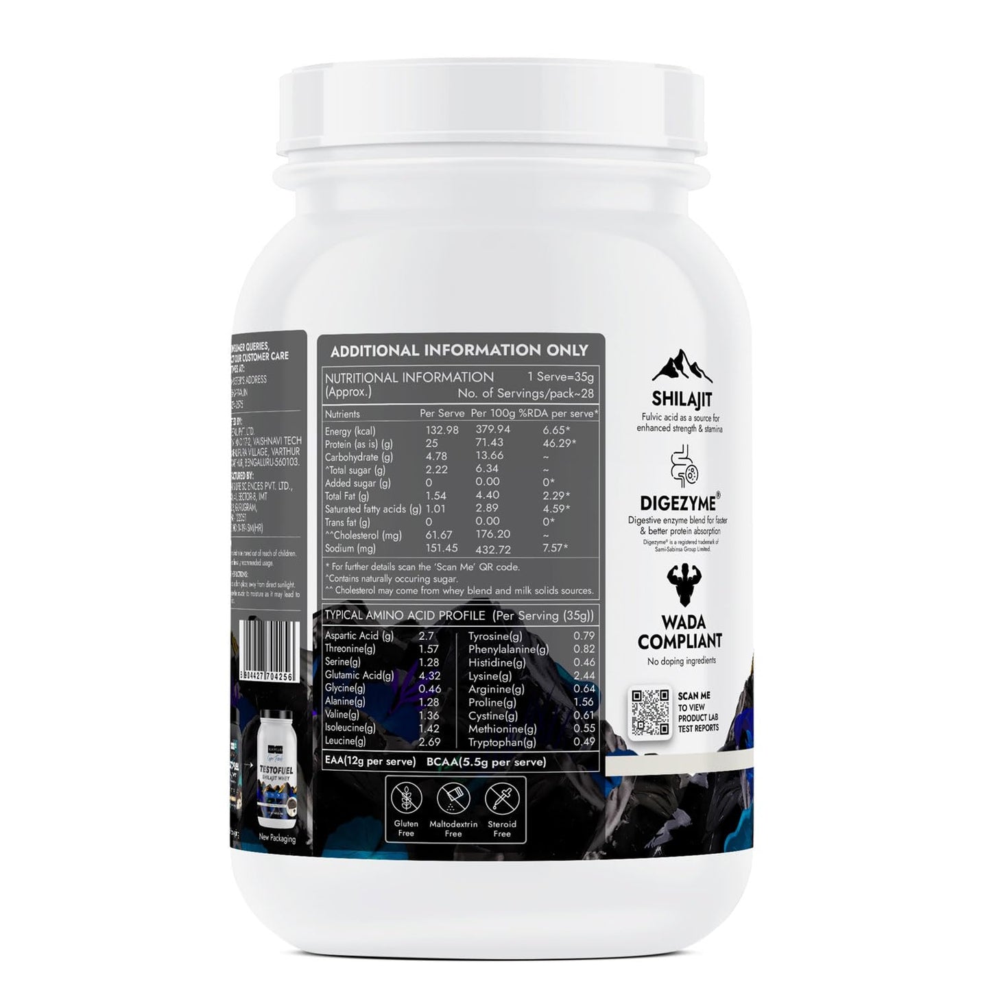 Kapiva Testofuel Shilajit Whey Protein| 25g Protein | 250mg Shilajit | 5.5g BCAA | Faster Absorption | Digezyme blend | WADA Compliant | 1Kg/ 2.2lb