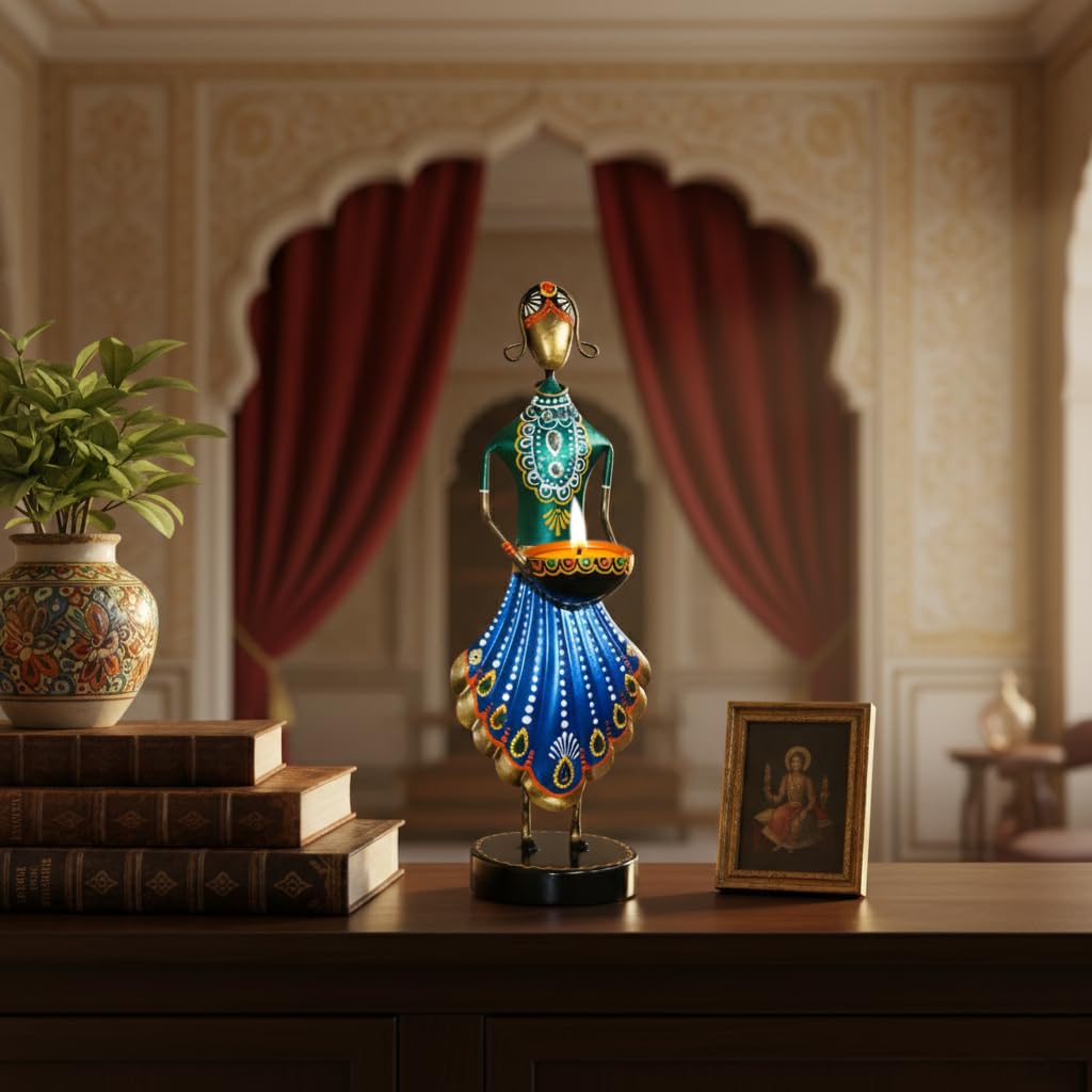 CraftVatika Home Decoration Items for Living Room, Aesthetic Home Decor, Rajasthani Lady Tealight Candle Holder Showpiece for Living Room Tabletop Housewarming Wedding for Man Women