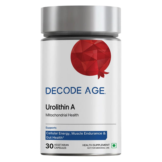 Supplement container labeled 'Decode Age' with a red geometric design on a white background
