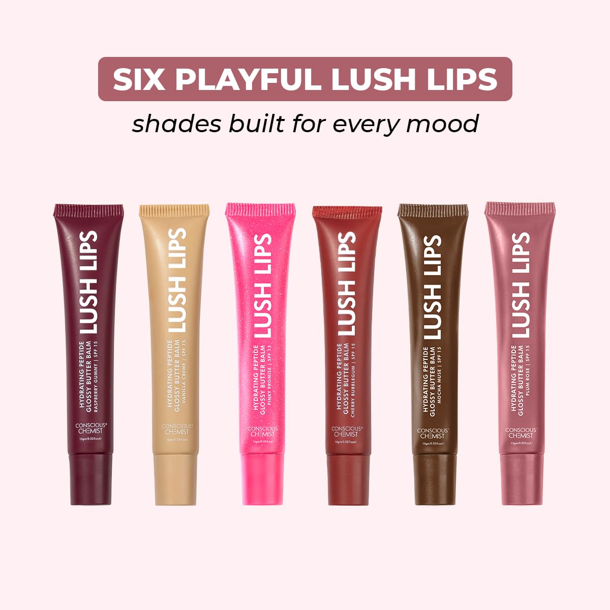 Six Lush Lips lip balm tubes in different colors on a white background with text about playful lip shades.