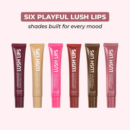 Six Lush Lips lip balm tubes in different colors on a white background with text about playful lip shades.