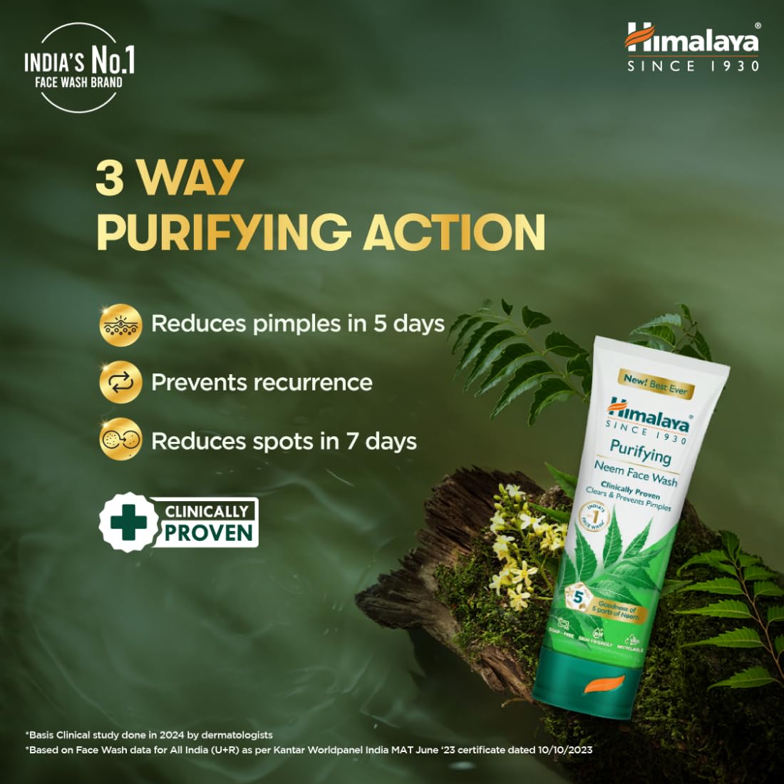 Himalaya Purifying Face Wash with green leaves and water droplets on a green background