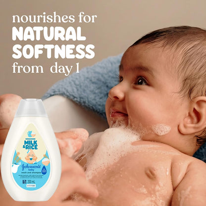 Johnson's Baby Milk & Rice Wash & Shampoo 200ml | 2-in-1 Baby Cleanser | No More Tears | With Milk Protein, Rice Extracts & Multivitamins | Hypoallergenic, pH Balanced | No Parabens, Sulphates or Dyes