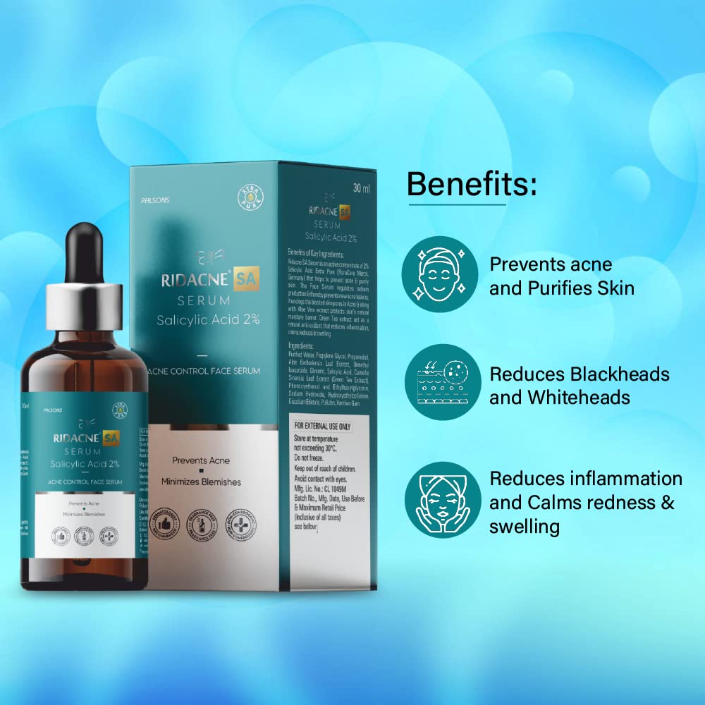 RIDACNE SA SERUM WITH SALICYLIC ACID 2%, ALOE VERA & GREEN TEA EXTRACT - Acne Control Face Serum | Reduces Blackheads and Whiteheads | Minimizes Blemishes | Prevents Acne, 30ml