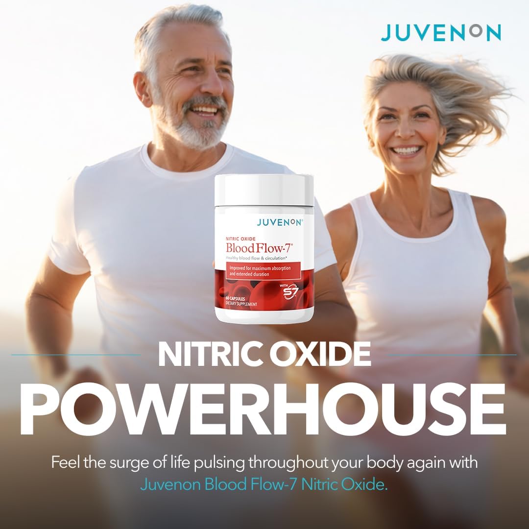 Two people holding a Juvenon supplement bottle with promotional text about Nitric Oxide.