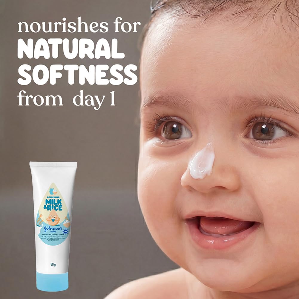 Johnson's Baby Milk & Rice Cream 50g | Face & Body Moisturizer | With Milk Protein, Rice Extracts & Multivitamins | Nourishes Dry & Sensitive Skin | Hypoallergenic | No Parabens or Sulphates