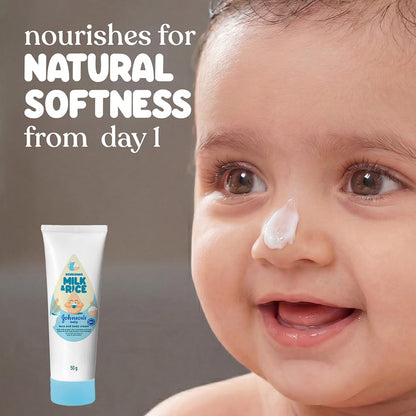 Johnson's Baby Milk & Rice Cream 50g | Face & Body Moisturizer | With Milk Protein, Rice Extracts & Multivitamins | Nourishes Dry & Sensitive Skin | Hypoallergenic | No Parabens or Sulphates