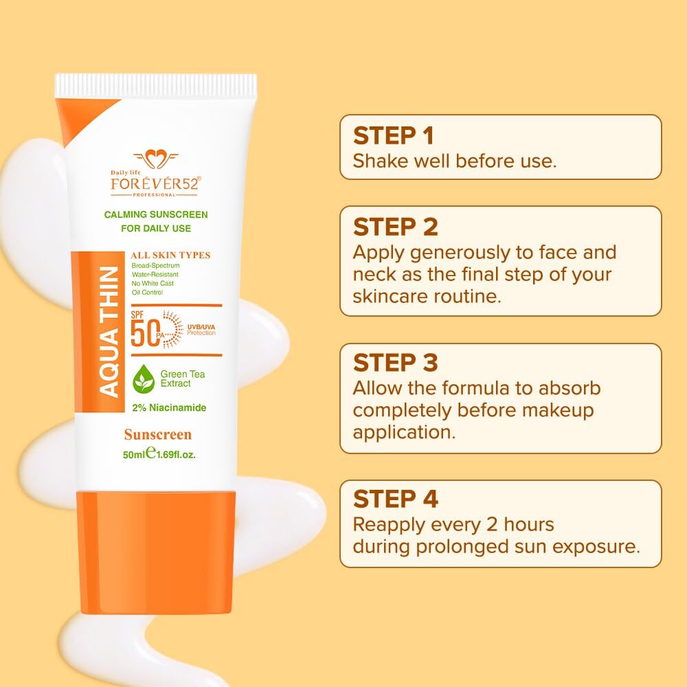 Daily Life Forever52 Aqua Thin Calming Sunscreen SPF 50 PA++++ | 2% Niacinamide & Green Tea Extract | UVA/UVB Protection | Lightweight, No White Cast, Water-Resistant Daily Sunscreen (50ml)