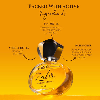 Suroskie Zahr perfume bottle with flavor notes on a yellow background