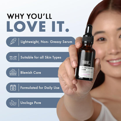 Person holding a bottle of 'Thrive' serum with product features listed on a light blue background