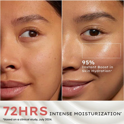 Before and after comparison of a woman's face with text about intense moisturization and hydration.