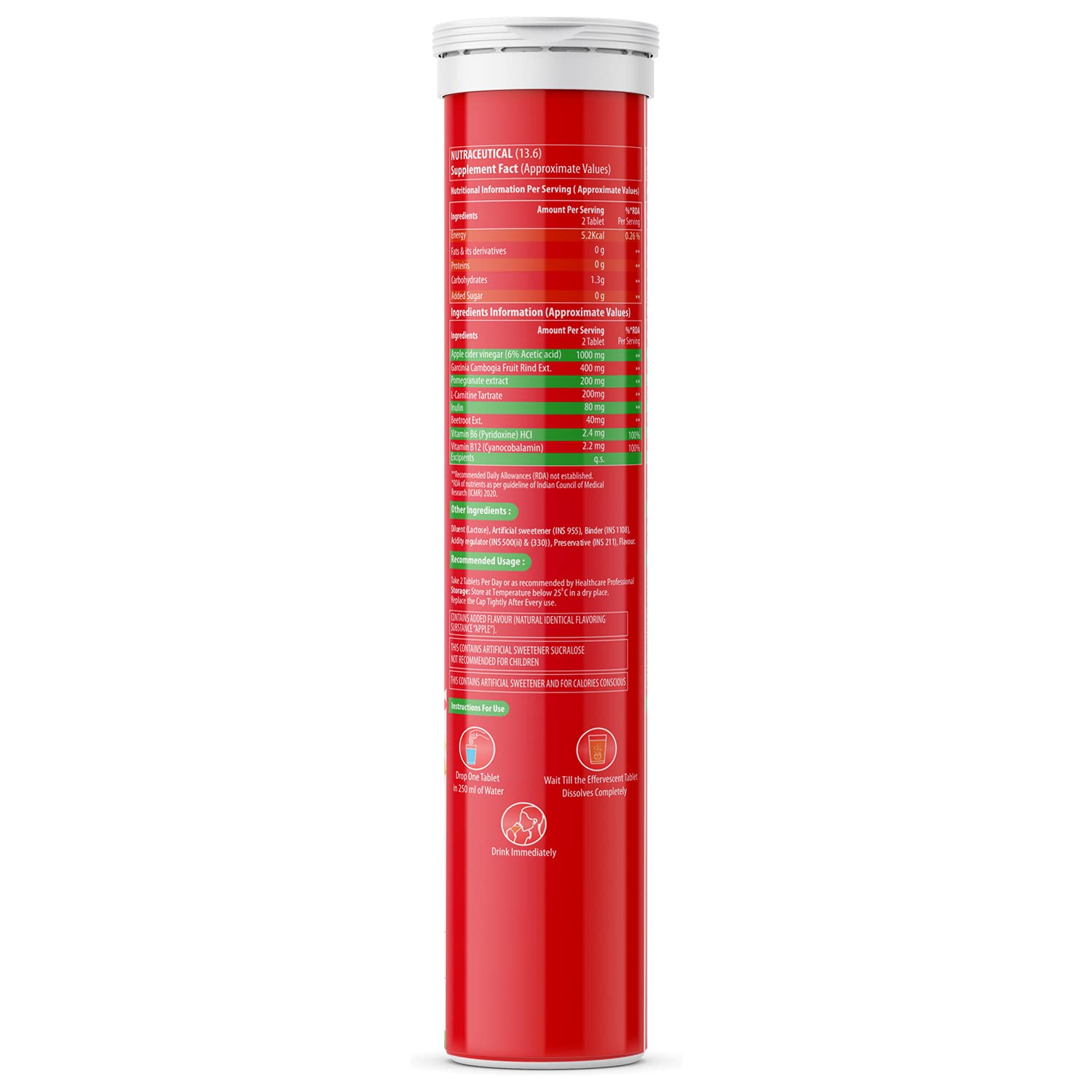 Red supplement tube with white cap on a white background