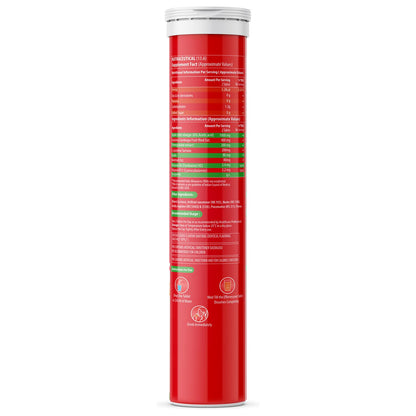 Red supplement tube with white cap on a white background