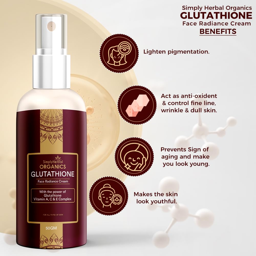 Simply Herbal Organics L Glutathione Face Cream with Vitamin A, C & E for All Skin Type, Anti Aging, Dark Spots removal, Skin Radiance, Pigmentation and Skin Care Cream, 50gm