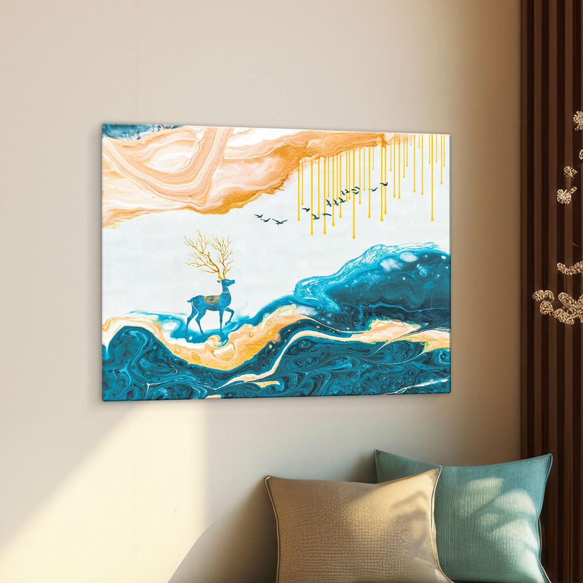 Canvas Deer Painting, Big Size Scenery, Abstract Painting, Painting for Living Room Bedroom, Multicolor, Nature, 58.0 X 45.0 cm, Set of 1
