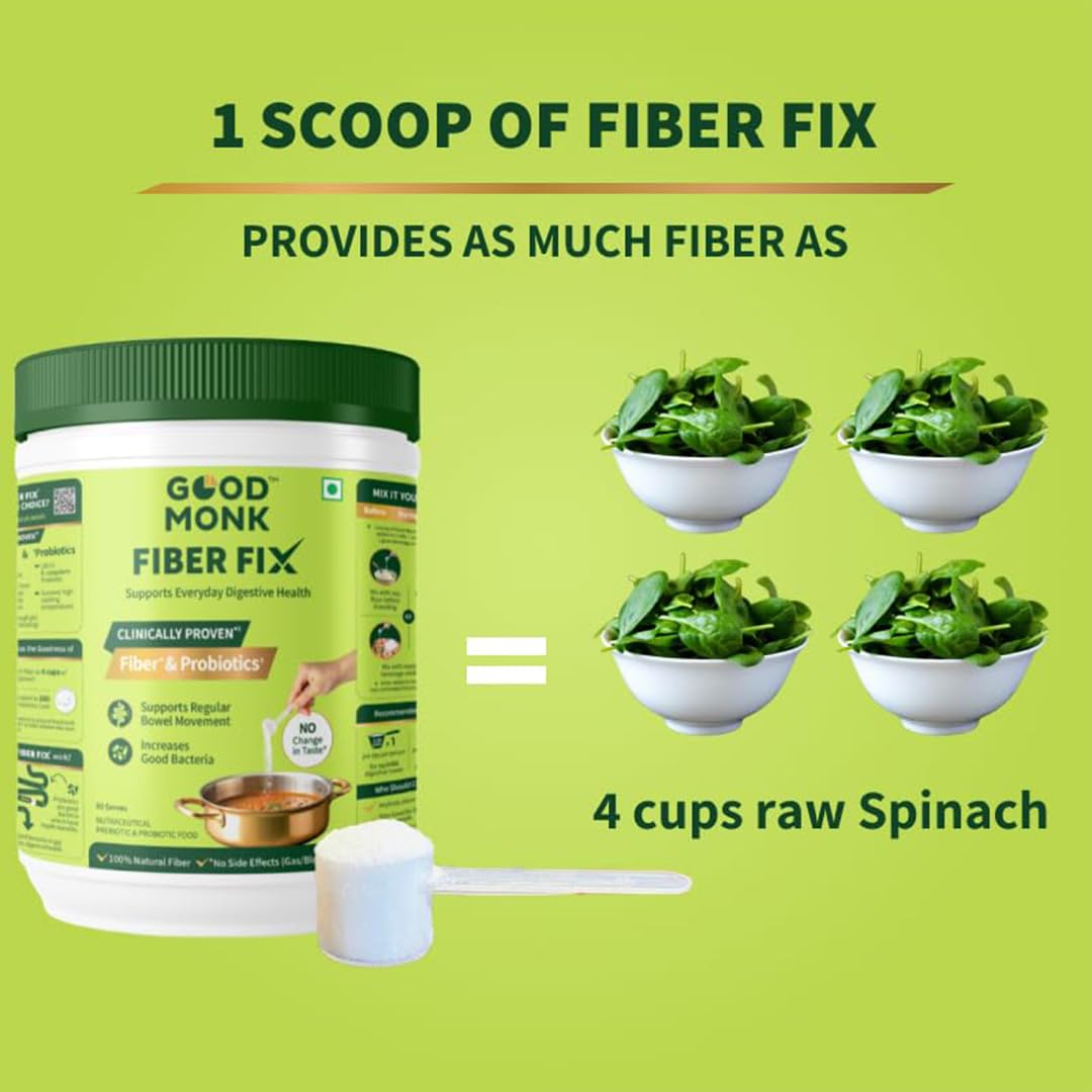 Good Monk Fiber Fix | Constipation, Bloating & Gas Relief | Everyday Prebiotic Soluble Natural Fibre Supplement Powder + Probiotic | 90 Servings | No Side Effects Or Taste Change