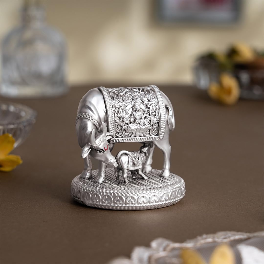 Svastika 999 Silver Plated Kamdhenu Cow with Calf Idol | 2.5 Inch Kamadhenu Gomatha Vastu Showpiece | Kaamdhenu Idol for Puja | Anniversary Wedding Housewarming Gift