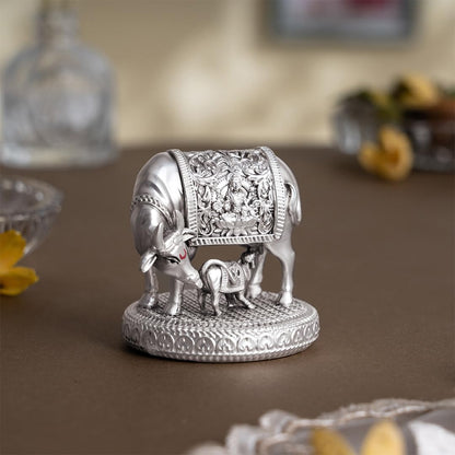 Svastika 999 Silver Plated Kamdhenu Cow with Calf Idol | 2.5 Inch Kamadhenu Gomatha Vastu Showpiece | Kaamdhenu Idol for Puja | Anniversary Wedding Housewarming Gift