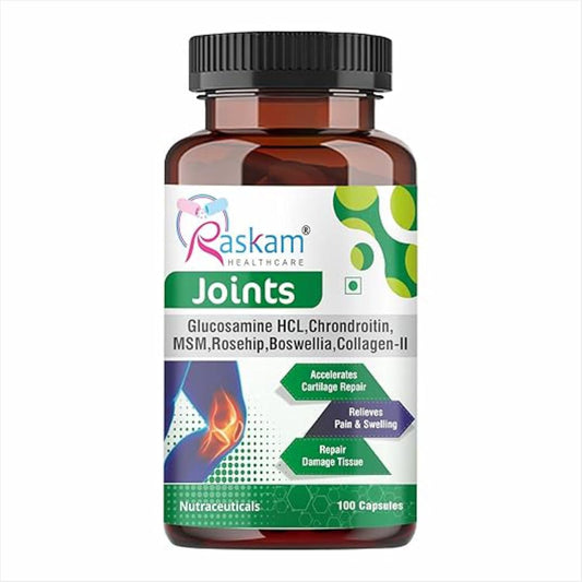 Bottle of Raskam Healthcare Joints supplement on a white background