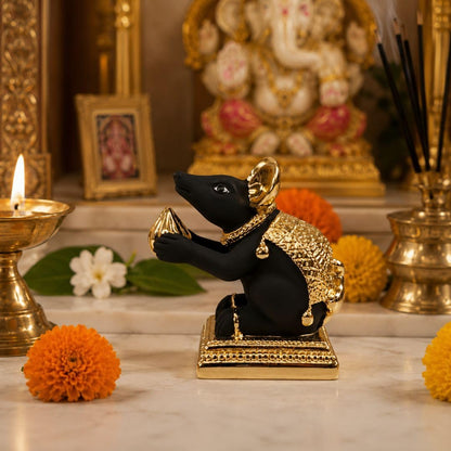 Gold Art India Gold-Plated Mushak (Mooshak) Mouse with Modak | Black Terracotta Finish | Mouse Idol | Vehicle (Vahana) of Lord Ganesha | 2.5 Inch Height | Home Decor, Mandir Pooja Room, Office Desk
