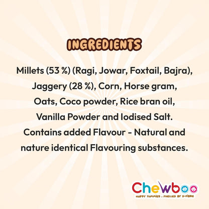 Chewboo Cocoa Multi-Millet Crunchies for Kids | Ragi, Jowar, Bajra & Foxtail Grain Cereal Snack | Jaggery Sweetened | Healthy Breakfast Option | 400 g