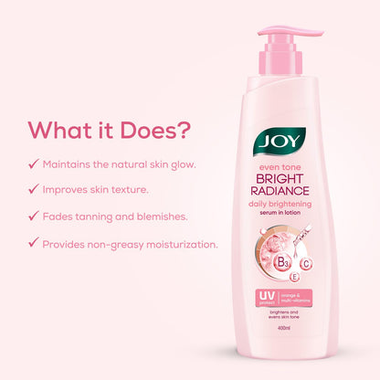Joy Even Tone Bright Radiance Brightening Winter Body Lotion 400ml | With Niacinamide & Alpha Arbutin | Removes Tan, Dark Spots & Restores Natural Glow | Lightweight, Non Sticky & Non Greasy