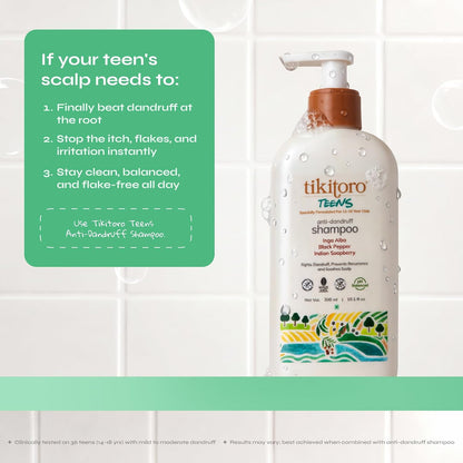 Tikitoro Teens Anti-dandruff Shampoo 100% Vegan with Aloe vera, Provitamin B5, Hibiscus, Rice Protein, Cleanses Scalp, Conditions Hair No Parabens & Sulphates (300ml x 1)