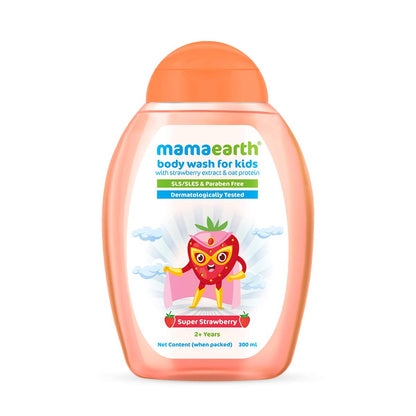 Mamaearth Super Strawberry Body Wash For Kids - 300 ml | Infused with Strawberry and Oat Protein | Gently Cleanses Skin, Dermatologically Tested, SLS/SLES and Paraben Free