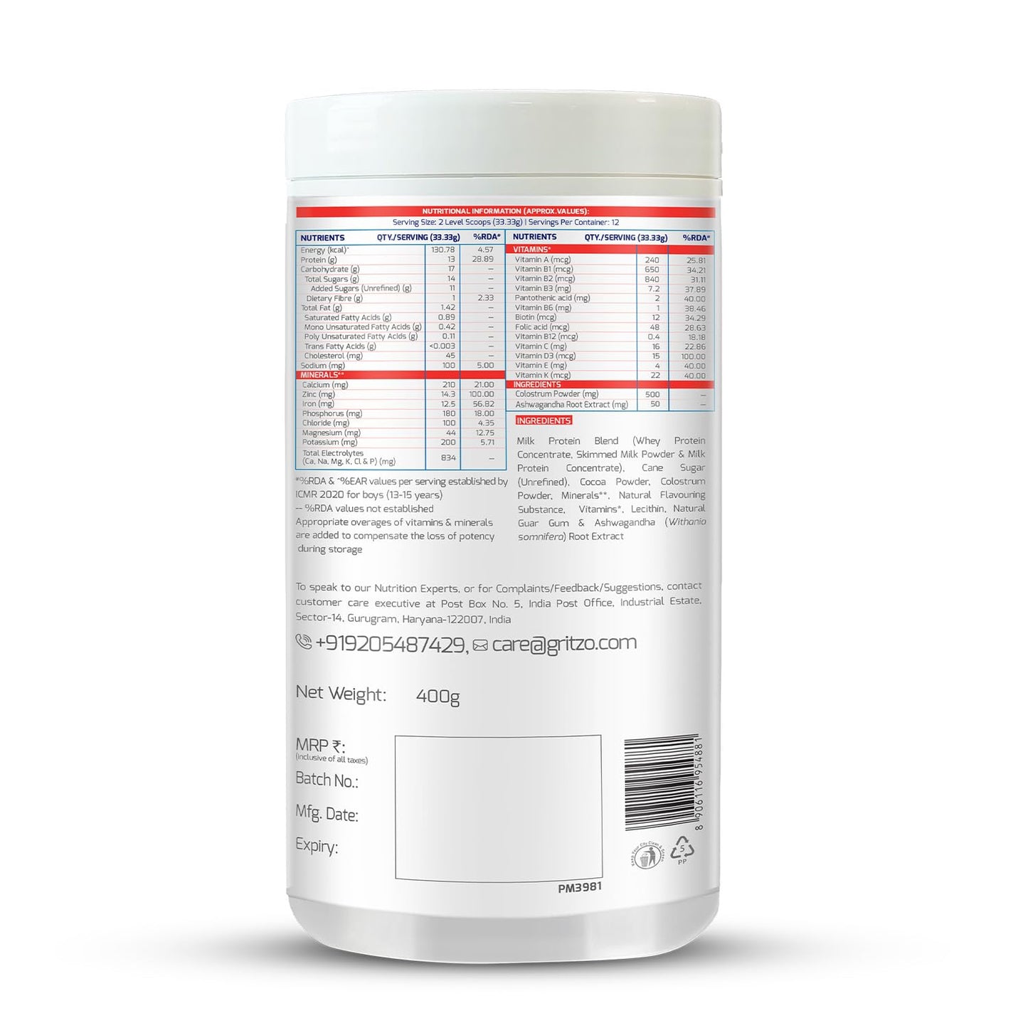 Gritzo SuperMilk Height+ (13+y Boys), 13g Protein Powder (Double Chocolate, 400g) | Zero Refined Sugar, 21 Vitamins & Minerals